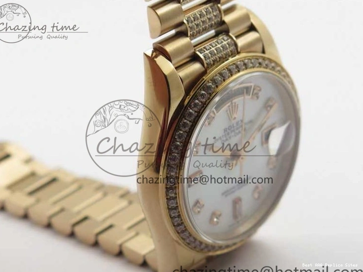 AAA Replica Watches on President A 2689 BP White ComfortFit Crystal Crystal Marker MOP RG Best Edition 128235 Dial Day-Date Bracelet RG 36mm 1218